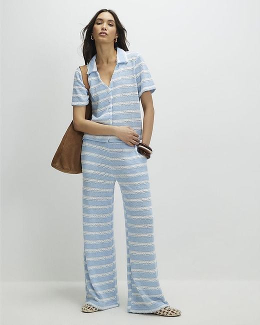 River Island Blue Wide Leg Trousers Striped Crochet