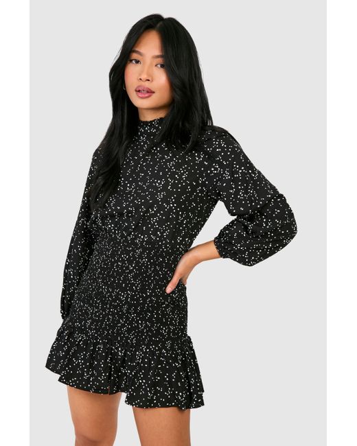 Boohoo Black Petite Spot High Neck Shirred Ruffle Dress