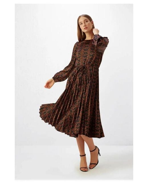 GUSTO Brown Printed Satin Long Dress