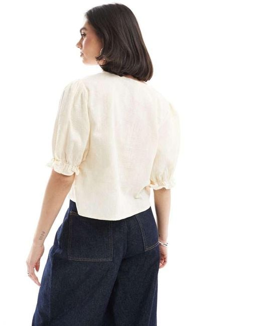 Pieces White Jaquard Detail Tie Front Puff Sleeve Top