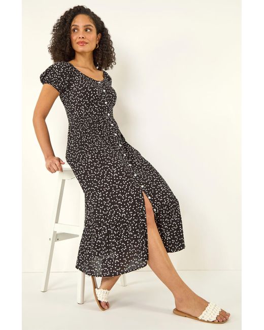 Roman Black Spotty Heart Button Midi Dress
