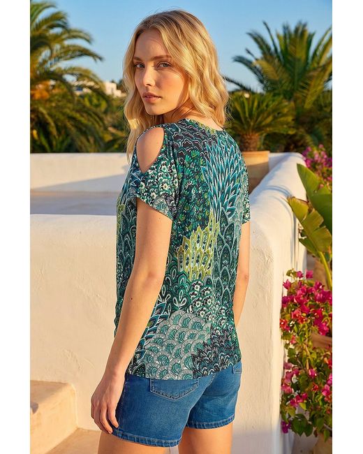 Roman Blue Abstract Print Tie Front V-Neck Top