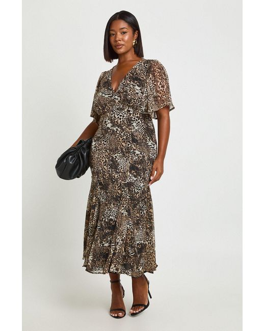 Boohoo Brown Plus Leopard Angel Sleeve Midaxi Dress