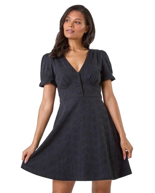Roman Blue Embroidered Cotton Stretch Jersey Frill Dress
