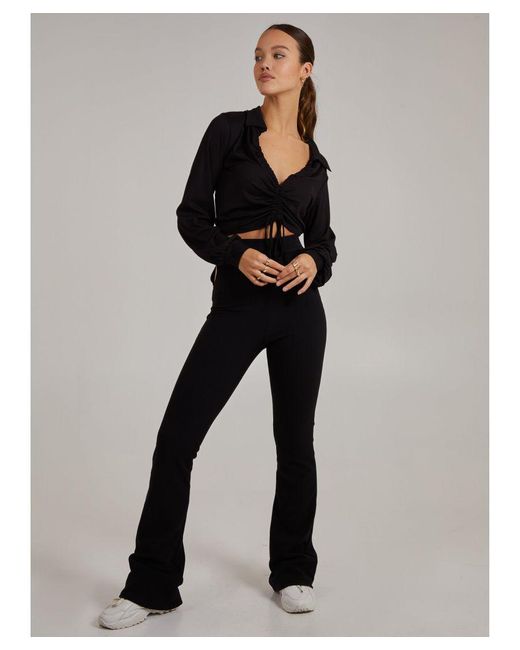 Pink Vanilla Black Ribbed Ruched Long Sleeve Collard T-Shirt