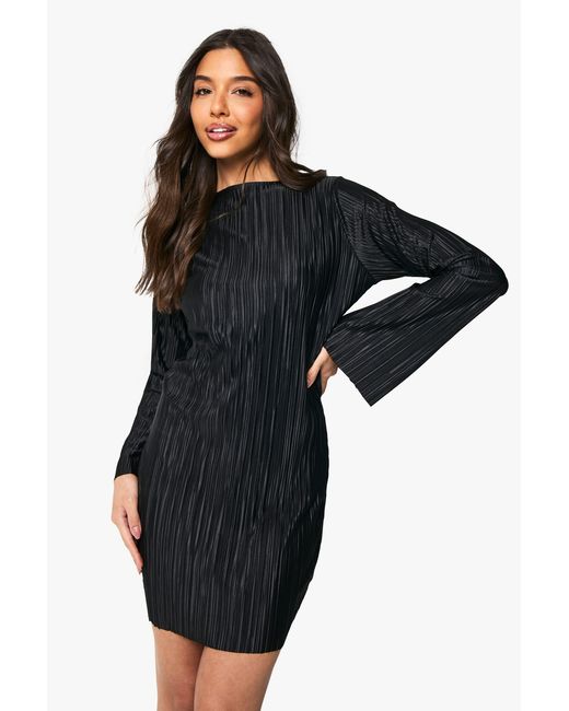 Boohoo Black Plisse Flared Long Sleeve Mini Dress