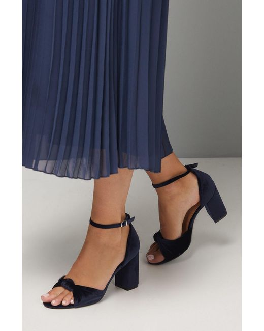 Wallis Blue Wide Fit Carmen Velvet Knot Front High Block Heel Sandals