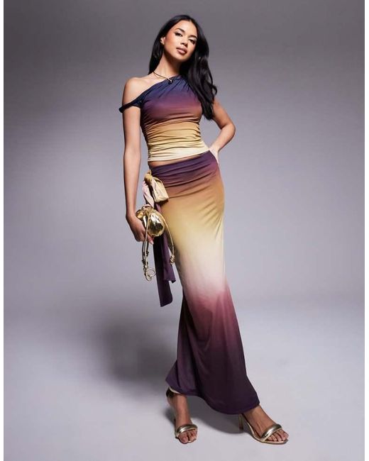 Kaiia Purple Exclusive Double Layered Slinky Knot Detail Maxi Skirt Co-Ord