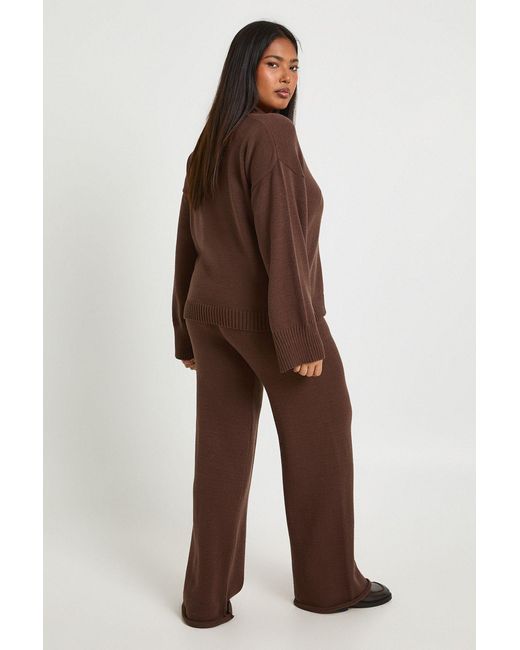 Boohoo Brown Plus Collared Button Down Jumper And Straight Leg Trouser Co-Ord