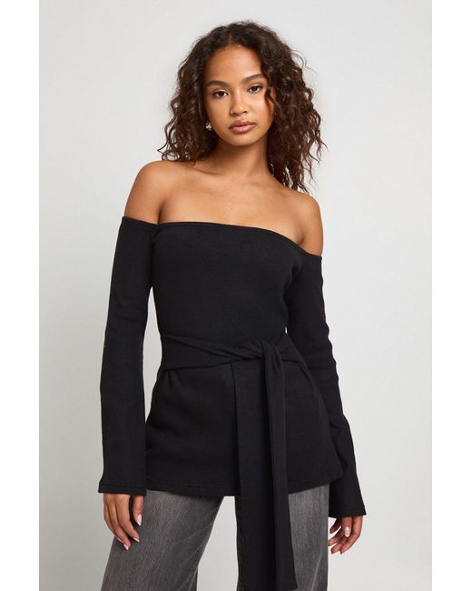 Boohoo Black Brushed Rib Bardot Tie Wasit Lonline Top