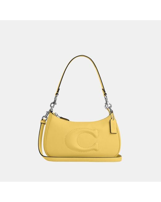 COACH Yellow Teri Shoulder Bag With Leather Strap Debossed Sculpted C