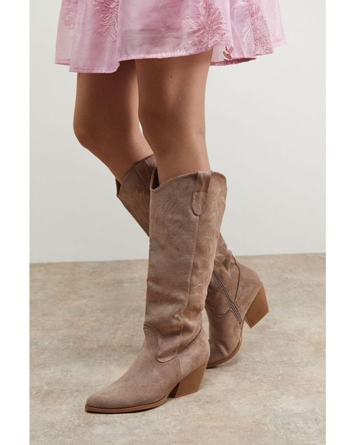 Oasis Brown Maggie Faux Suede Embroidered Knee High Western Boots