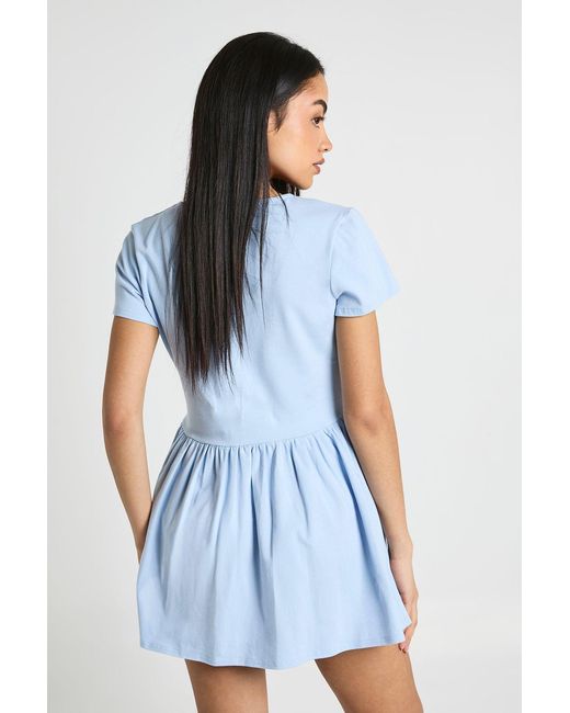 Boohoo Blue Cotton Cinched Waist Cap Sleeve Skater Dress