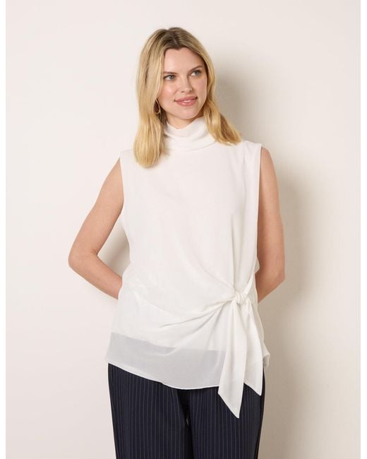 Blue Vanilla White Sleeveless Cowl Tie Front Chiffon Blouse