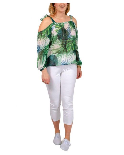 Secret Label Green Tropical Leaf Print Cold Shoulder Blouse