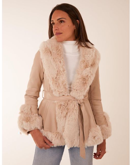 Blue Vanilla Brown Faux Fur Pu Coat With Belt