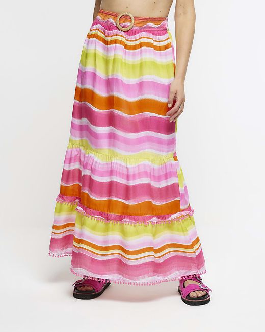 River Island Pink Maxi Skirt Stripe Beach Cotton