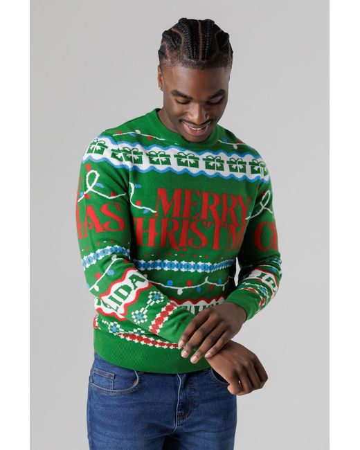 Tokyo Laundry Green Festive Jacquard Crew Neck Jumper for men
