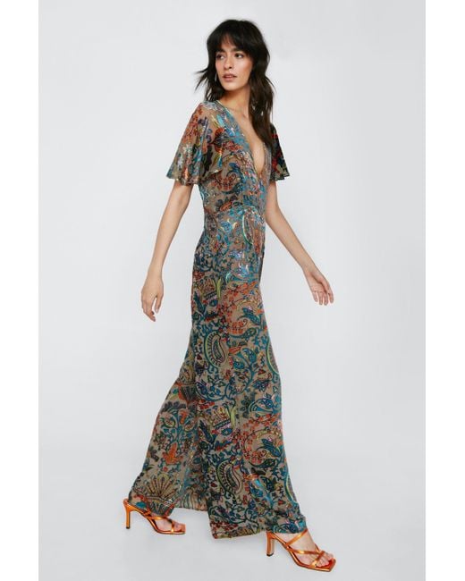 Nasty Gal White Paisley Devore Angel Sleeve Jumpsuit
