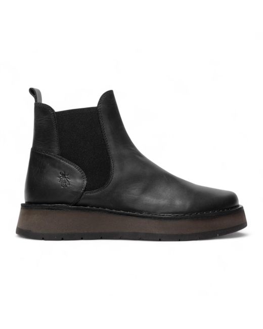 Fly London Black Rawi Chelsea Leather Ankle Pull-On Classic Comfort Boots