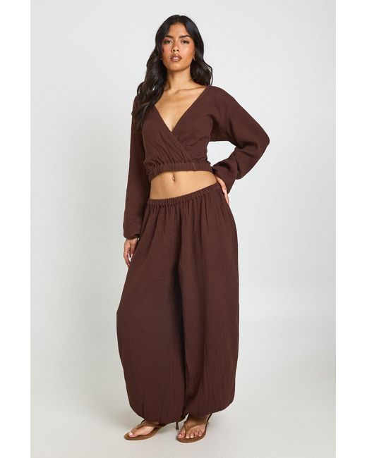 Boohoo Brown Cheesecloth Low Rise Balloon Trouser