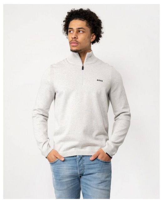 Boss Gray Boss Ever-X Cotton Blend Zip-Neck Sweater With Logo Print for men