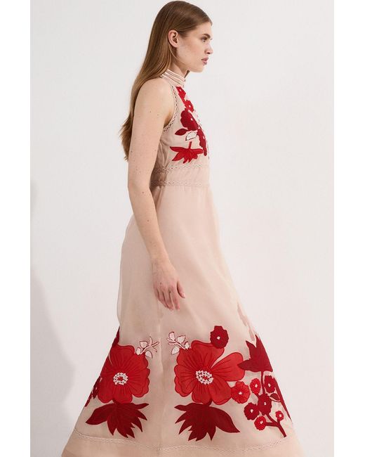 Karen Millen Red Applique Organdie Buttoned Halter Neck Maxi Dress