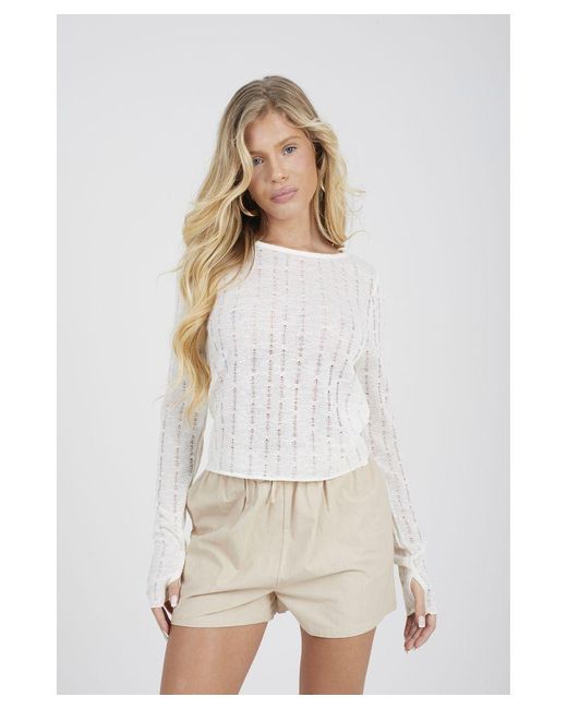Brave Soul White Off 'Arda' Textured Mesh Long Sleeve Top