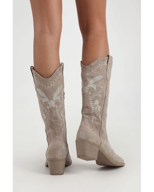 Boohoo Gray Faux Suede Embroidered Detail Calf High Western Boots