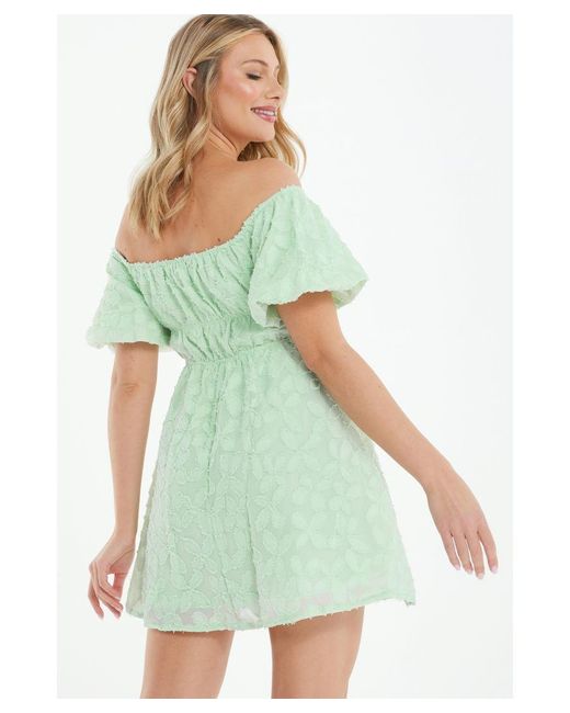 Quiz Green Sage Jacquard Bardot Mini Dress