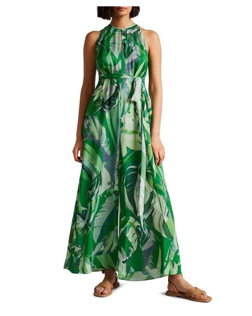 Ted Baker Green Ismey Halterneck Jumpsuit With Wrap Bodice Detail