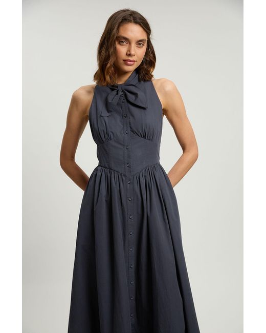 Karen Millen Blue Cotton Poplin Tie Neck Midi Dress