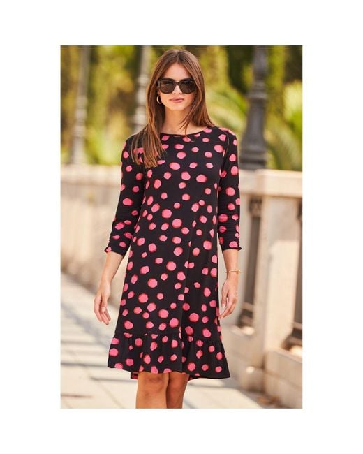 Sosandar Black Spot Print Shift Dress With Ruffle Hem
