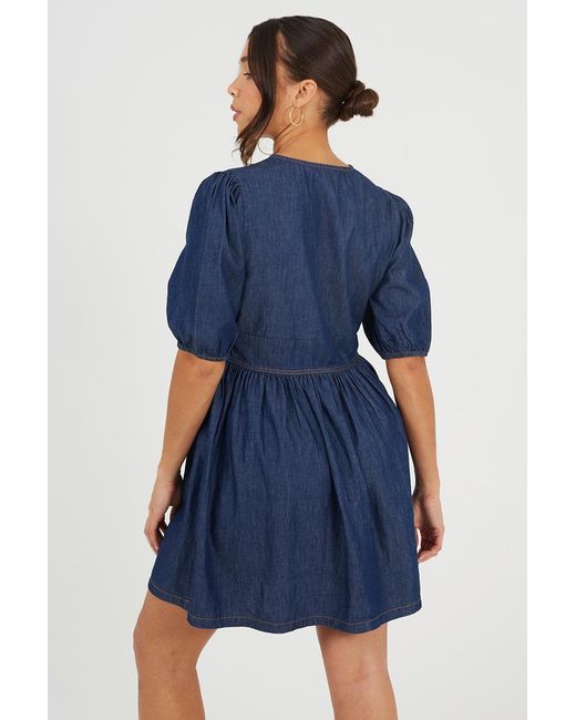 Brave Soul Blue Chambray Short Puff Sleeve Mini Dress
