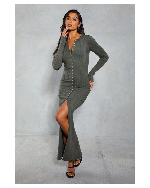 MissPap Gray Knitted Ribbed Button Down Maxi Dress