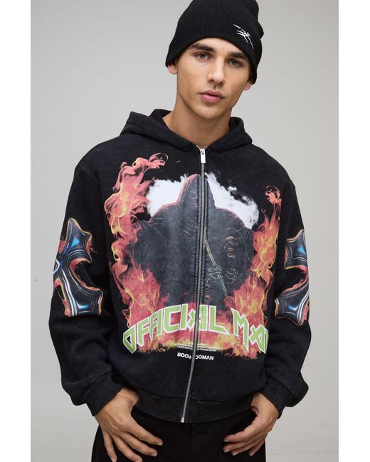 BoohooMAN Gray Oversized Boxy Acid Wash Gothic Graphic Zip Through Hoodie for men