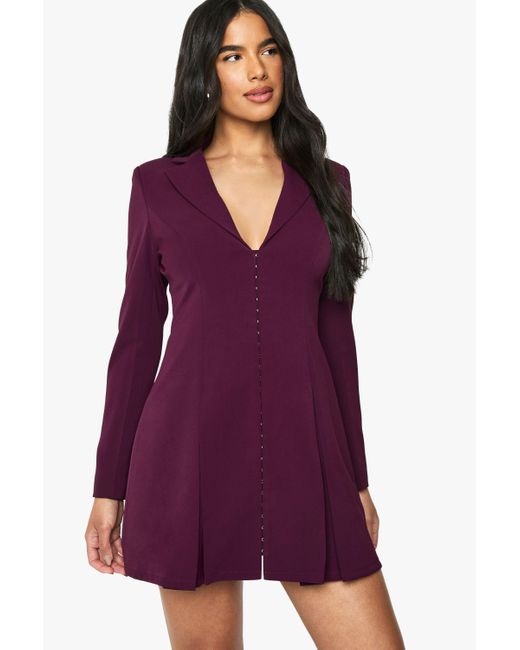 Boohoo Purple Tailored Hook & Eye Detail Cinched Waist Blazer Dress