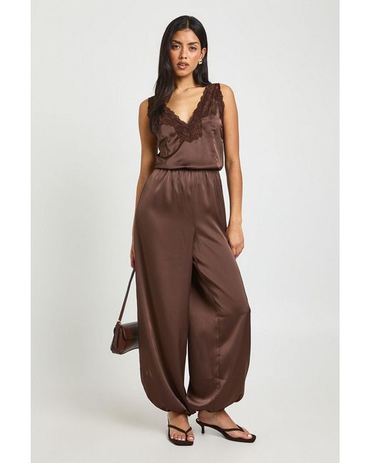 Boohoo Brown Satin Lace Trim Hareem Trouser Jumpsuit
