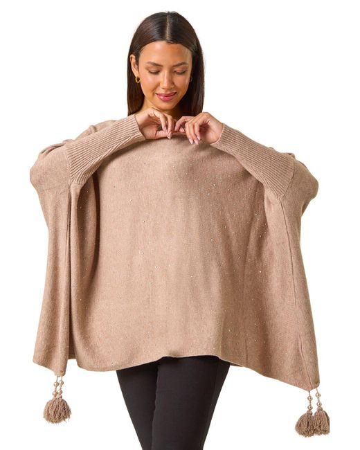 Roman Natural Sparkle Embellished Tassel Poncho