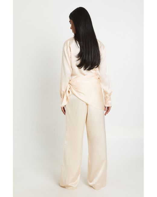 Boohoo Natural Satin Shirt Trouser Co-Ord With Tie Waist
