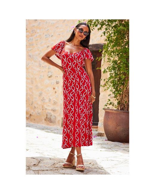 Sosandar Red Chain Print Angel Sleeve Fit & Flare Midi Dress