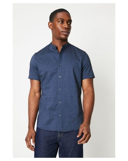 Burton Blue Short Sleeve Grandad Collar Oxford Geo Shirt for men