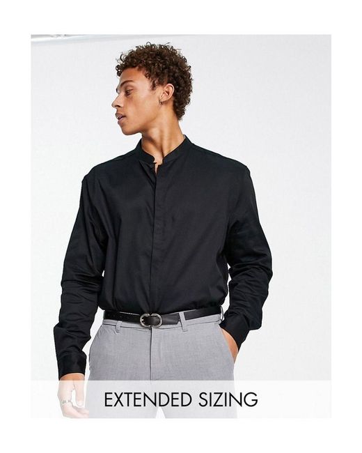 ASOS Black Premium Slim Fit Sateen Shirt With Mandarin Collar for men