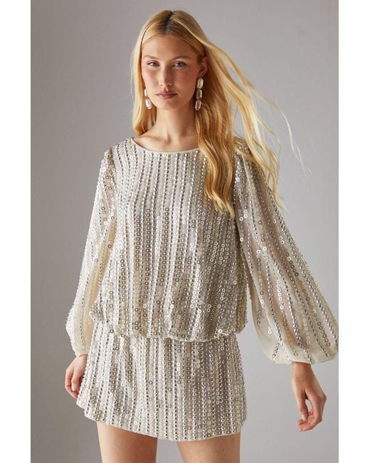 Warehouse Brown Hand Embellished Sequin Slash Neck Blouson Mini Dress