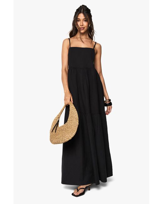 Boohoo Black Tiered Linen Strappy Maxi Dress