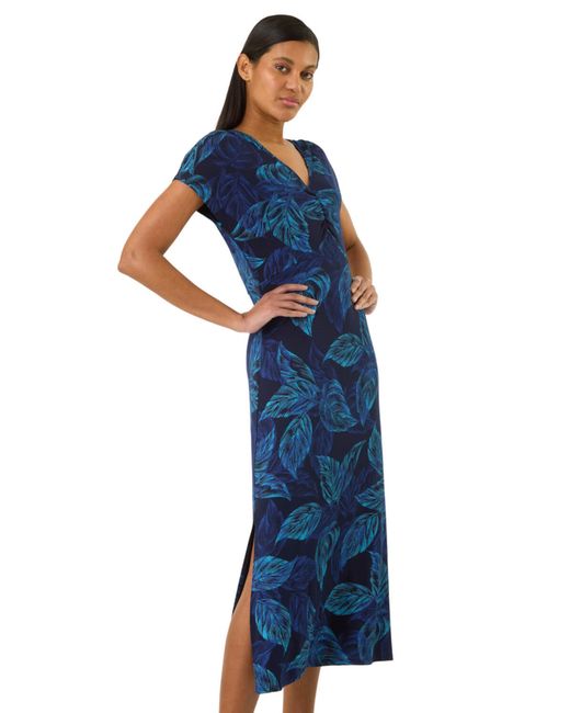 Roman Blue Leaf Print Ruched Midi T-Shirt Dress