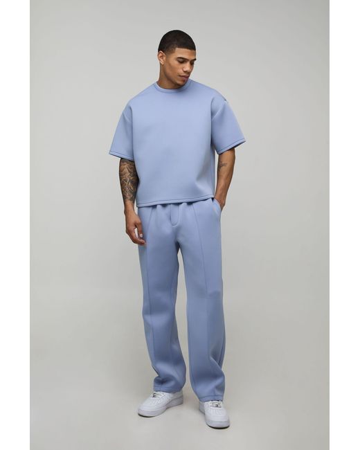 BoohooMAN Blue Oversized Boxy Bonded Scuba T-Shirt & Straight Leg Jogger Set for men