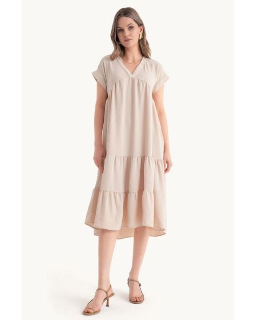 Hiccup Natural V Neck Tiered Midi Casual Dress