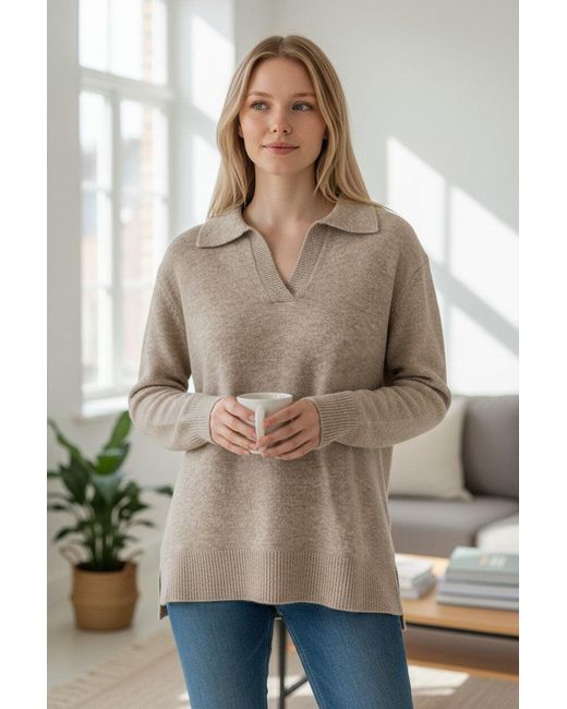 SELECTED Brown Collared Ribbed Trim Jumper