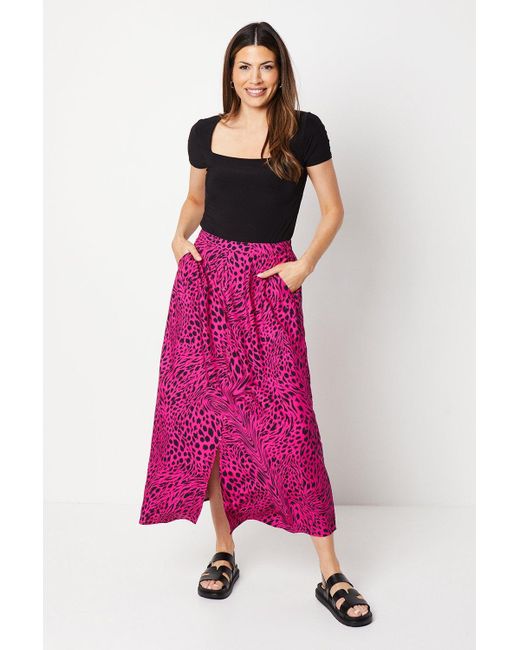 Wallis Pink Animal Print Viscose Button Through Midi Skirt